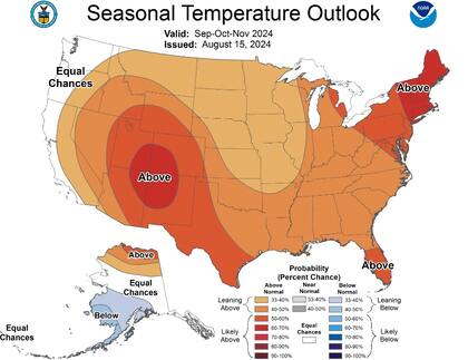 Las previsiones de temperatura para este otoño boreal 2024 en Texas, según la NOAA