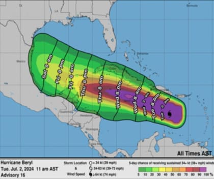 Las probabilidades de que los vientos sostenidos del huracán superen los 48 kilómetros por hora en cada parte de su recorrido