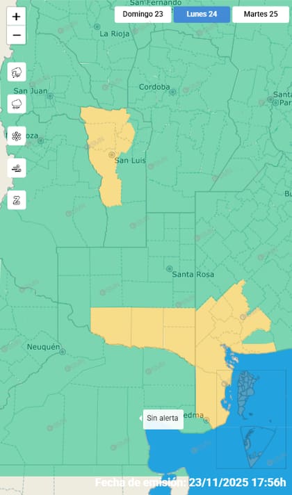 Las provincias bajo alerta amarilla este lunes 24 de noviembre