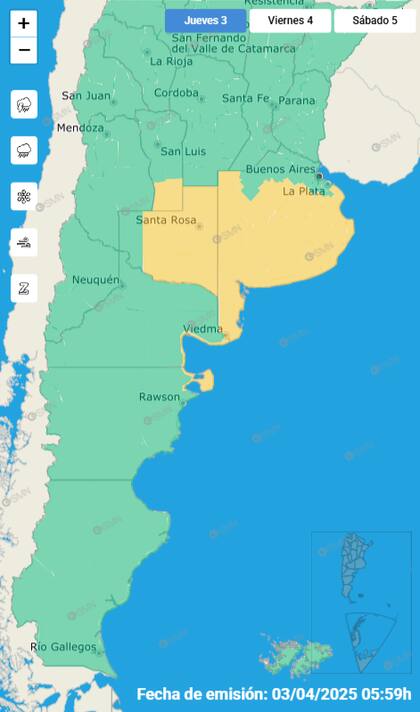 Las provincias bajo alerta del Servicio Meteorológico.