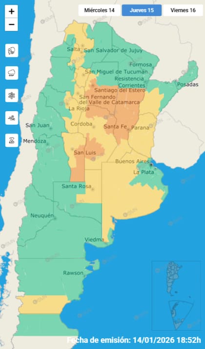 Las provincias con alertas meteorológicas de este jueves 15 de enero