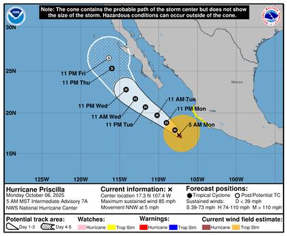 Las proyecciones oficiales del NHC indican la disipación del huracán Priscilla en el Pacífico abierto hacia el 11 de octubre