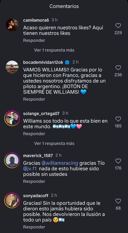 Las reacciones en redes sociales al posteo de Williams en Instagram