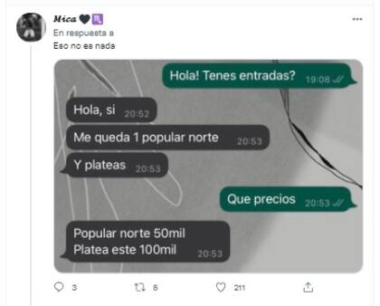 Las reacciones en Twitter ante la reventa de entradas para el partido Argentina vs. Brasil en las Eliminatorias Sudamericanas (Crédito: Captura Twitter)