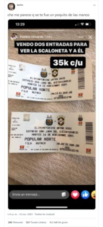 Las reacciones por la reventa de entradas para las Eliminatorias Suramericanas Argentina Brasil este 16 de noviembre en San Juan (Crédito: Captura Twitter)