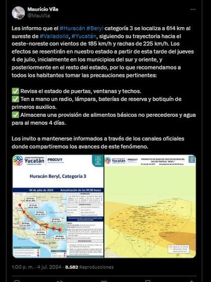 Las recomendaciones de Mauricio Vila, gobernador del estado mexicano de Yucatán, ante la llegada del huracán Beryl
