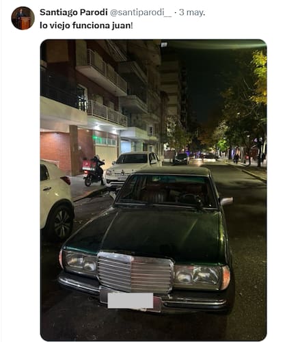 Las redes se inundaron de autos antiguos con la frase "Lo viejo funciona, Juan" (Foto: X @santiparodi__)