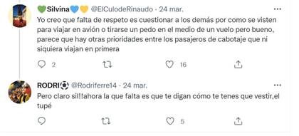 Las respuestas de otros usuarios al tuit de Florentino Ariza, en una discusión sobre la manera de vestir en los vuelos que se volvió interminable
