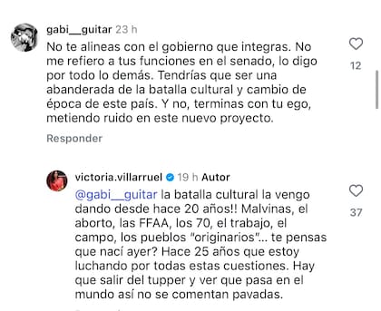 Las respuestas de Villarruel en Instagram
