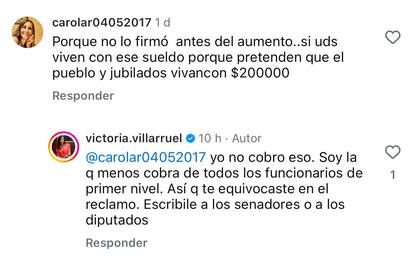 Las respuestas de Villarruel en Instagram