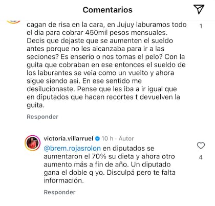 Las respuestas de Villarruel en Instagram