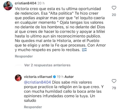 Las respuestas de Villarruel en Instagram