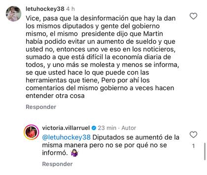 Las respuestas de Villarruel en Instagram