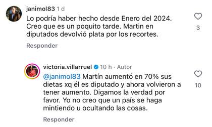 Las respuestas de Villarruel en Instagram