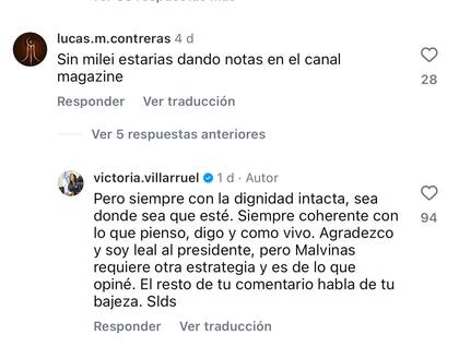 Las respuestas de Villarruel en Instagram