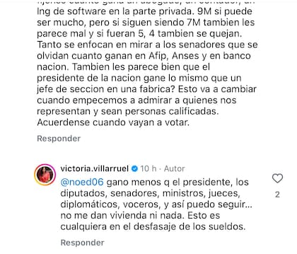 Las respuestas de Villarruel en Instagram