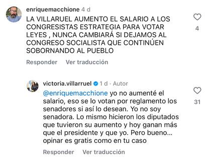 Las respuestas de Villarruel en Instagram