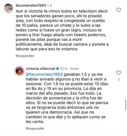 Las respuestas de Villarruel en Instagram