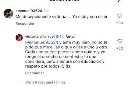 Las respuestas de Villarruel en Instagram