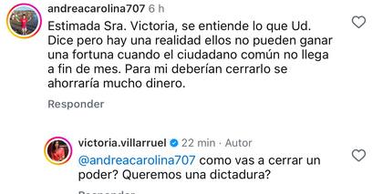 Las respuestas de Villarruel en Instagram