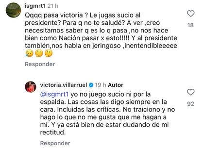 Las respuestas de Villarruel en Instagram