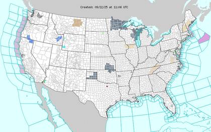 Las Rocosas experimentarán un marcado descenso térmico con máximas de apenas 60 °F (15 °C) en el norte y valores alrededor de 50 °F (10 °C) en áreas centrales