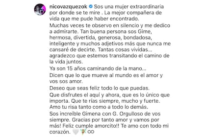 Las románticas palabras de Nico Vázquez por los 37 años de Gimena Accardi (Foto: Instagram @nicovazquezok)
