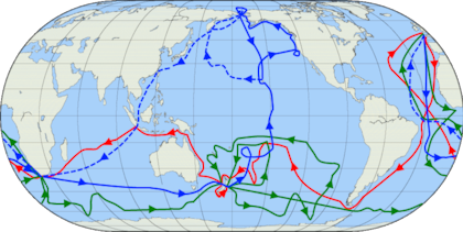 Las rutas de los tres viajes realizados por Cook por el océano. Fuente: Wikipedia.