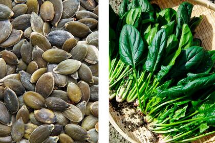 Las semillas de calabaza y las espinacas son importantes para la producción de hemoglobina, una proteína que ayuda a transportar el oxígeno hacia el cerebro