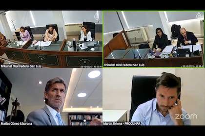 Las tres juezas del TOF de San Luis (arriba a la izquierda); el fiscal federal de la Unidad Fiscal San Luis, Cristian Rachid (arriba a la derecha); y el fiscal coadyuvante de la Procunar, Martín Uriona (abajo a la derecha), durante la audiencia de alegatos.