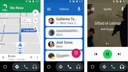 Las tres vistas de Android Auto: los mapas con navegación guiada, el teléfono, el control de la música