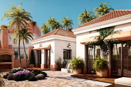 Las unidades del Pueblo Mediterráneo cuentan con patio con parrilla y fuente de estilo mediterráneo.