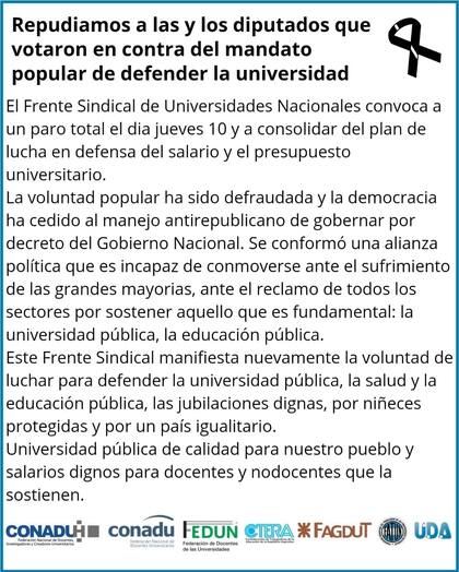 Las universidades nacionales convocaron para continuar con su "plan de lucha" a un paro total de actividades para mañana
