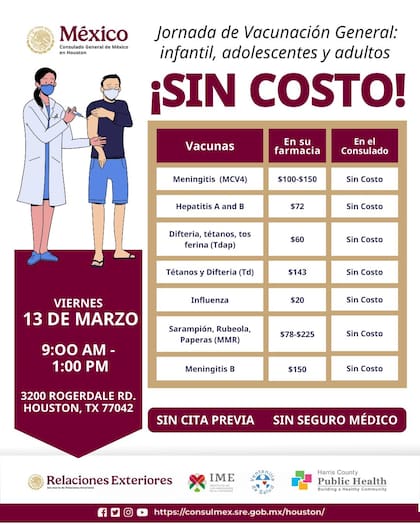 Las vacunas suelen ser costosas, pero en el Consulado de Houston se aplicarán de forma gratuita (Instagram/@consulmexhouston)