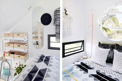 Las ventanas laterales regalan vistas del amanecer y del atardecer sin salir de la cama. Como todas las lámparas son móviles, los cables se unificaron en naranja brillante.