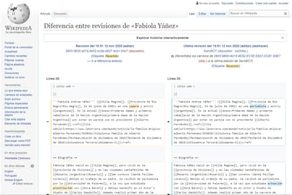 Las versiones del artículo de Wikipedia sobre Fabiola Yáñez que muestran los úlitmos cambios