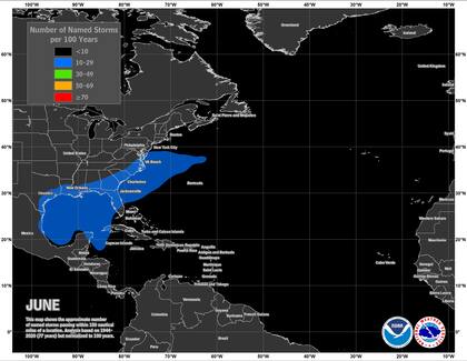 Las zonas afectadas durante el mes de junio por las tormentas generadas en el océano Atlántico