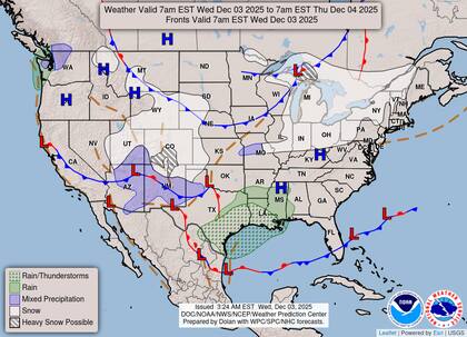 Las zonas altas de las Montañas Rocosas y las Grandes Llanuras experimentarán un marcado temporal invernal, con acumulaciones de nieve pronosticadas de entre seis y 12 pulgadas (15 a 30 centímetros)
