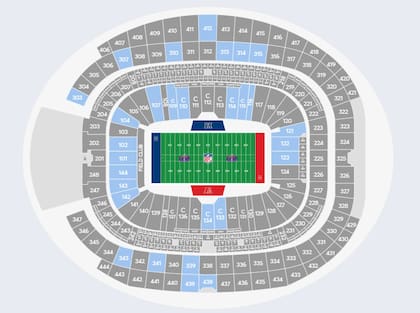 Las zonas en color azul son las únicas que cuentan con disponibilidad de asientos a la venta para asistir al Super Bowl 2024