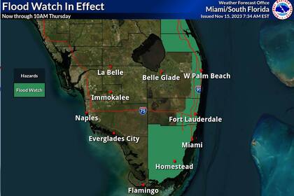 Las zonas marcadas en verde están bajo alerta moderada por riesgo de inundación