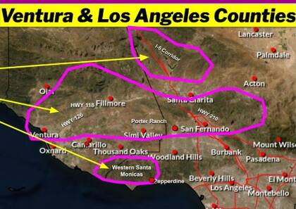 Las zonas señaladas por el NWS Los Ángeesl bajo situación particularmente peligrosa (PDS, por sus siglas en inglés)
