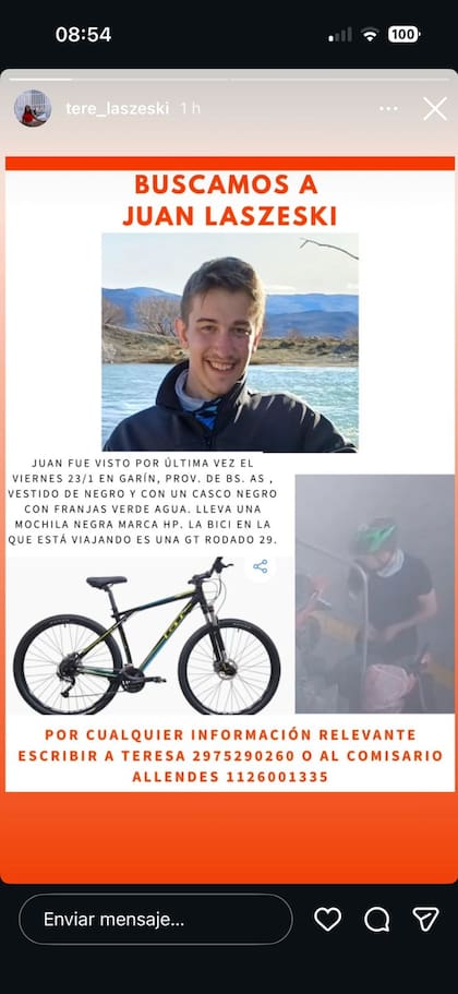 Laszeski fue visto por el viernes 23 en la localidad bonaerense de Garín.