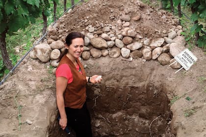 Laura Catena en una "calicata" en el viñedo Adrianna: las calicatas permiten estudiar los perfiles del suelo del viñedo