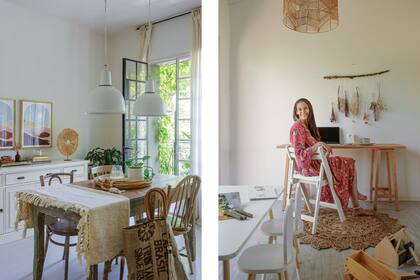 Laura en su escritorio. Desde aquí genera parte del contenido de su cuenta @estiloginger, donde comparte detalles de su hogar y vida cotidiana; vestido (Las Motas Folk Shop). Móvil hecho por Laura para Casa Chic.