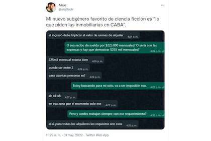 Le pidieron un recibo de sueldo de $225.000 o más para alquilar en CABA y su reacción se volvió viral (Captura de Twitter)