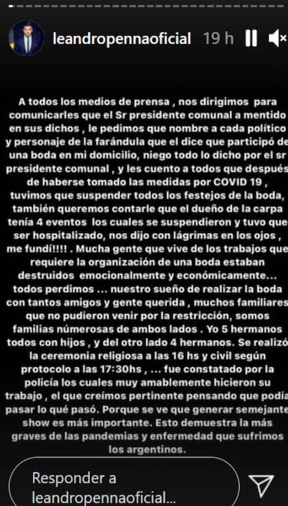 Leandro Penna escribió varios descargos en sus historias de Instagram, asegurando que la fiesta no había existido tal como comentó Martínez