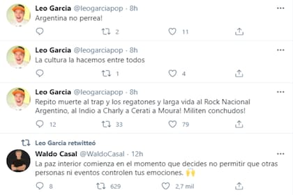 Leo García publicó varios tuits en la madrugada, en los que disparó contra el trap y el reggaeton y elogió a artistas del rock nacional