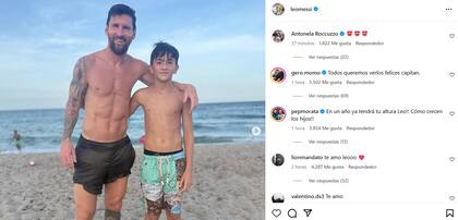 Leo Messi junto a su hijo Thiago en una playa de Miami