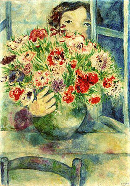 Bella (su mujer) llevando un bouquet de anémonas, un óleo pintado en 1926. Chagall creía que "el arte es el esfuerzo incesante por competir con la belleza de las flores… sin triunfar jamás".
