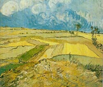 <I>La llanura de Auvers </I> con cielo nublado; el paisaje es de julio de 1890